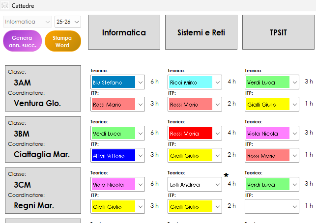 Screenshot della Form Cattedre